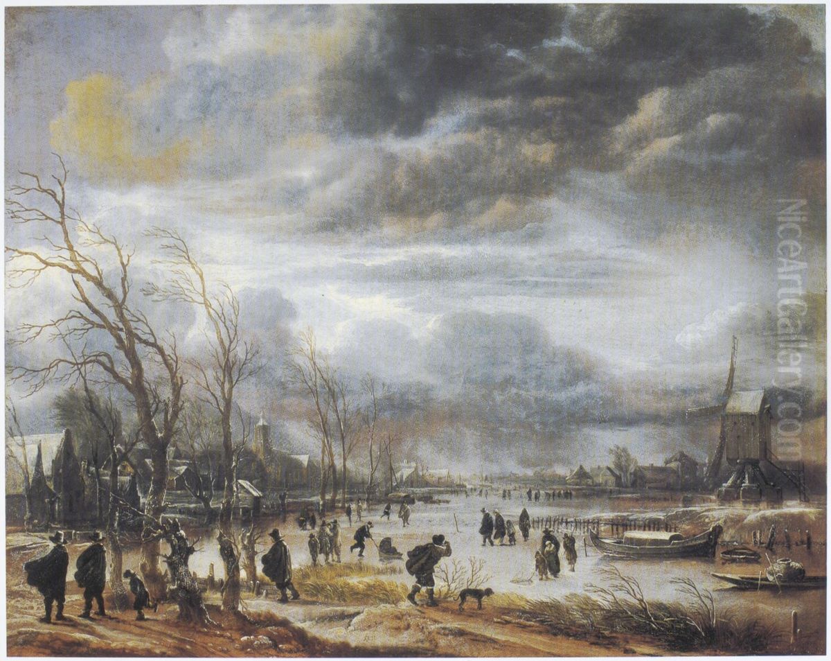 A Winter Landscape Oil Painting by Aert van der Neer