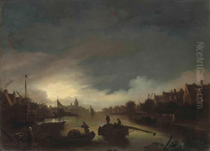 A Moonlit River Landscape With Figures At A Ferry Crossing Oil Painting by Aert van der Neer