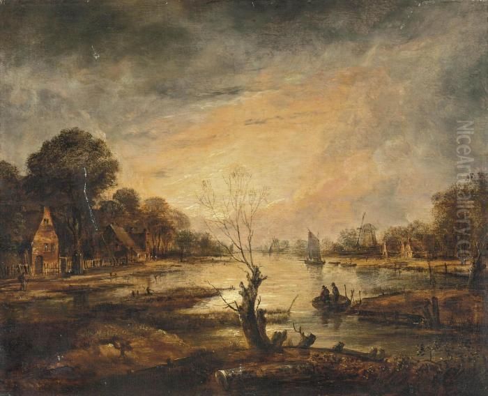 A Moonlit River Landscape With 
Cottages And A Windmill On Thebanks, Two Men On A Raft In The Foreground Oil Painting by Aert van der Neer