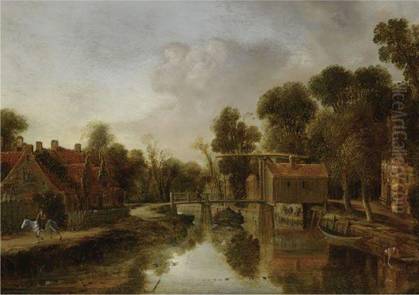 A Village With A Drawbridge Over
 A River, Figures In A Barge Pulledby A Horseman On A Path To The Left Oil Painting by Aert van der Neer