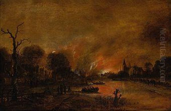 A Moonlit River Landscape With Figures Quenching A Fire In A Townbeyond Oil Painting by Aert van der Neer