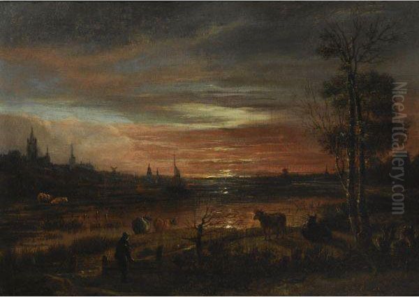 A View Across A Marshy River 
Towards A Town After Sunset, Two Peasants And Cattle In The Foreground Oil Painting by Aert van der Neer