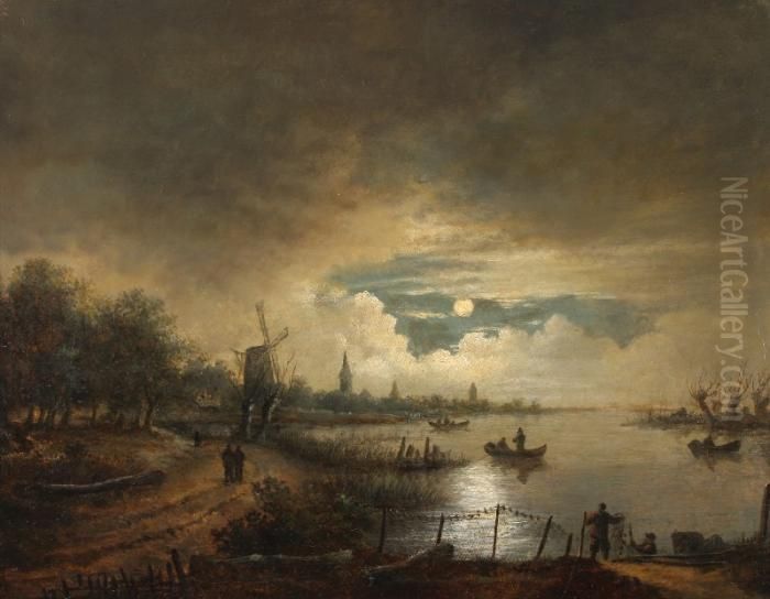 Landscape By Nightbeneath A 
Heavily Clouded Sky And Full Moon. On The Right A Riverscene With 
Fishermen, On The Left A Town And A Windmill Oil Painting by Aert van der Neer