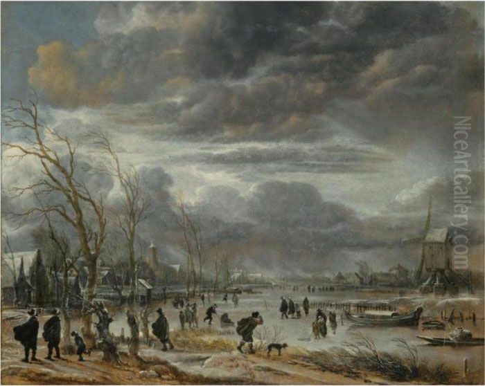 A Winter Lanscape With Figures 
Battling Across A Frozen River Ina Snowstorm, A Post Mill To The Right Oil Painting by Aert van der Neer