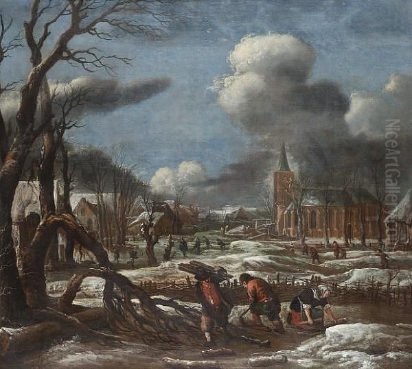 A Winter Landscape With Figures 
In The Foreground Collecting Wood, Skaters And A Village Beyond Oil Painting by Aert van der Neer