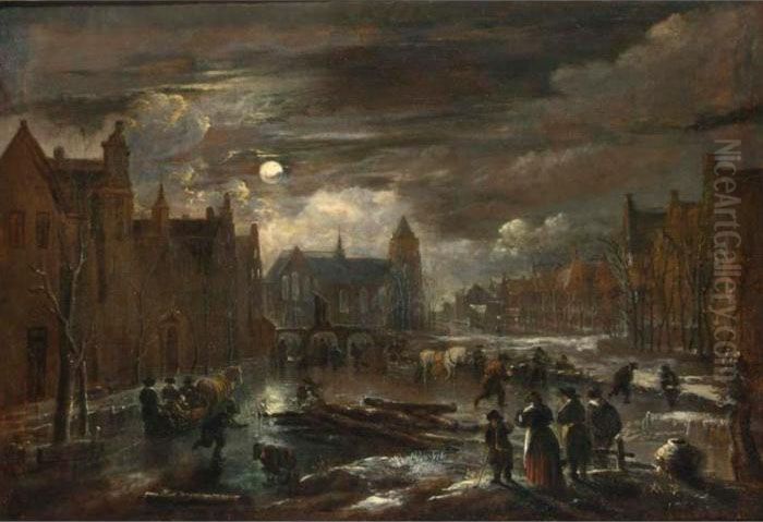 A Winter Landscape With Figures 
And Horse-drawn Sleighs On A Frozen Canal In A Town By Moonlight, With A
 Triple-arched Bridge And A Church In The Background Oil Painting by Aert van der Neer