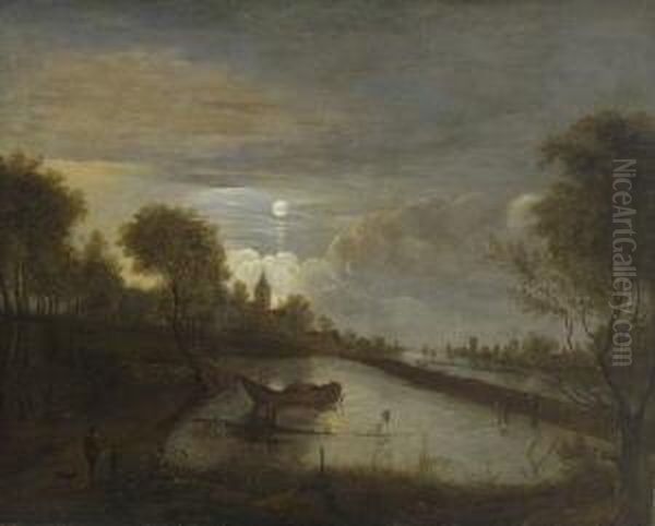 Hollandische Flusslandschaft Im
 Mondschein. Oil Painting by Aert van der Neer