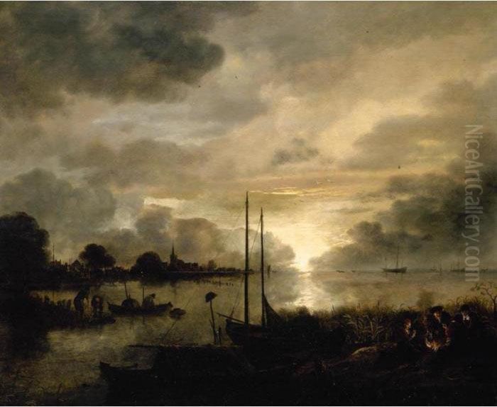 Estuary Landscape By Moonlight 
With Figures Gathered Around A Camp-fire In The 
Foreground Oil Painting by Aert van der Neer