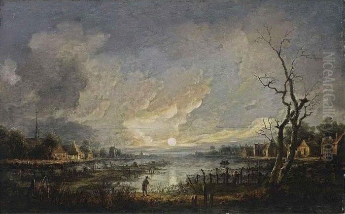 A Moonlit River Landscape With A
 Man Leaning On His Walking Stick And Fishermen In A Rowing Boat Near A 
Village Oil Painting by Aert van der Neer