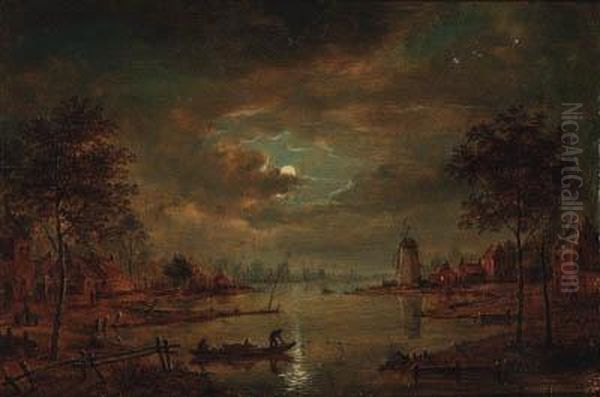 A Moonlit River Landscape With Figures In A Boat, A Windmillbeyond Oil Painting by Aert van der Neer