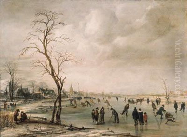 A Winter Landscape With 
Townsfolk Skating And Playing Kolf On Afrozen River, A Town Beyond Oil Painting by Aert van der Neer