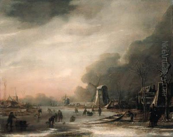 A Winter Landscape With Skaters 
And Kolf Players, An Elegant Couplein The Foreground, A Church And 
Windmills Beyond Oil Painting by Aert van der Neer