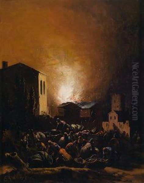 Ein Brennendes Dorf Oil Painting by Egbert van der Poel