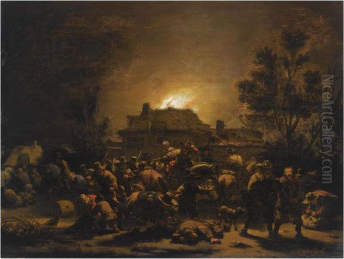 A Fire In A Village At Night, With Looting Soldiers In Theforeground Oil Painting by Egbert van der Poel