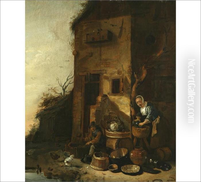 Household Chores Oil Painting by Egbert van der Poel