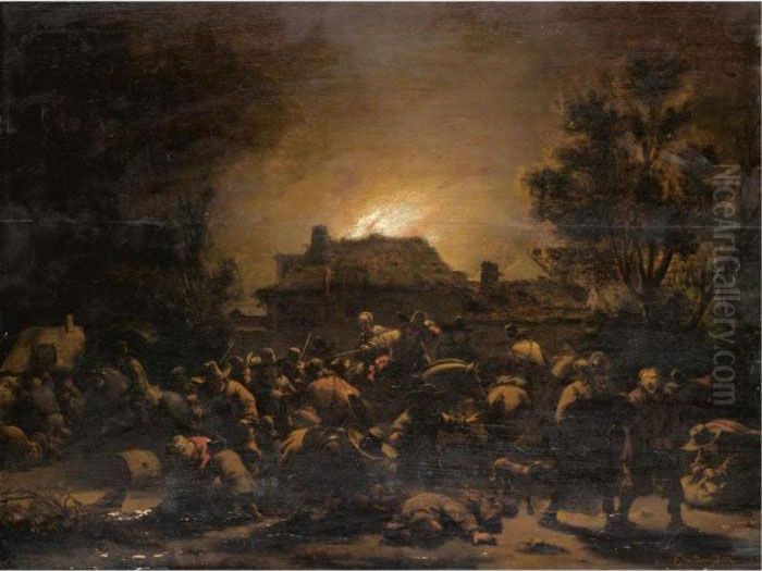 Soldiers Plundering And Burning A Village At Night Oil Painting by Egbert van der Poel