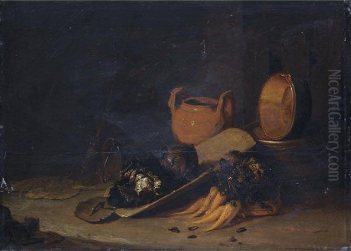 A Still Life With A Terracotta 
Urn, A Copper Basin, Cabbages And Carrots, Set In A Barn Interior Oil Painting by Egbert van der Poel