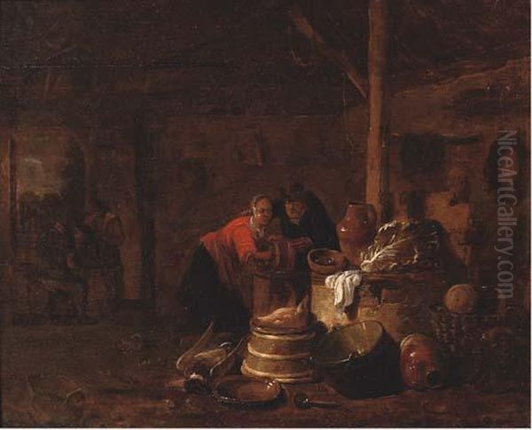 A Woman Washing Dishes In A Barn
 With A Man Beside Her, Three Men Conversing In The Background Oil Painting by Egbert van der Poel