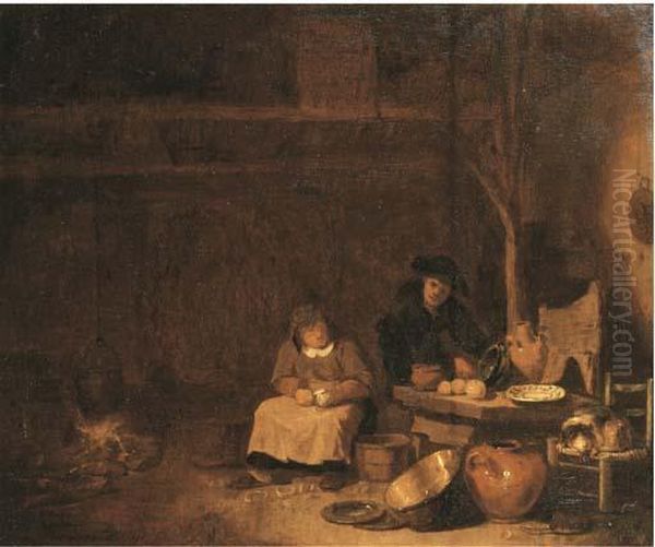Peasants Preparing A Meal In A Barn Oil Painting by Egbert van der Poel