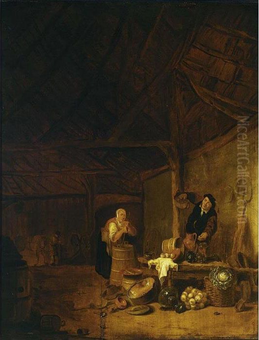 A Barn Interior With A Man 
Picking Eggs From A Basket And A Woman Stirring In A Wooden Barrel, With
 A Kitchen Still Life With Pots, Pans And Vegetables In The Foreground 
And A Man With A Horse In The Background Oil Painting by Egbert van der Poel