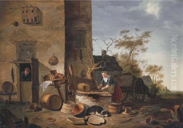 A Kitchenmaid Cleaning Fish Before A Farmhouse Oil Painting by Egbert van der Poel