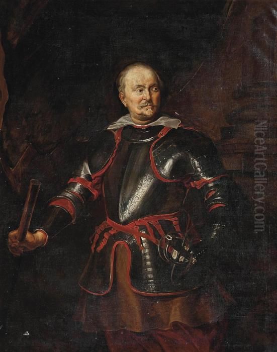 Portrait Of A Gentleman, Three-quarter-length, In Armour, A Baton In His Right Hand Oil Painting by Sir Anthony Van Dyck