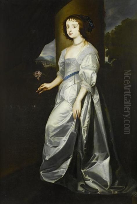 Portrait Of Lady Mary Villiers, 
Full-length, In A White Silk Dress Standing Before An Open Curtain, 
Holding A Rose Oil Painting by Sir Anthony Van Dyck
