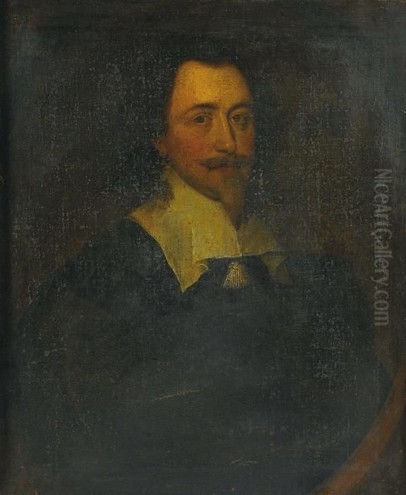 Portrait Of Sir Robert Lovett Of
 Liscombe, Bust-length, In A Black Coat, His Lawn Collar Fastened With A
 Tassle, In A Feigned Oval Oil Painting by Sir Anthony Van Dyck