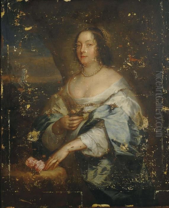 Portrait Of Diana Cecil, 
Countess Of Oxford, Standing Three-quarter-length, In A White Silk Gown 
With A Blue Wrap, With Pearl Earrings And Necklace, Holding A Flower In 
Her Right Hand Oil Painting by Sir Anthony Van Dyck
