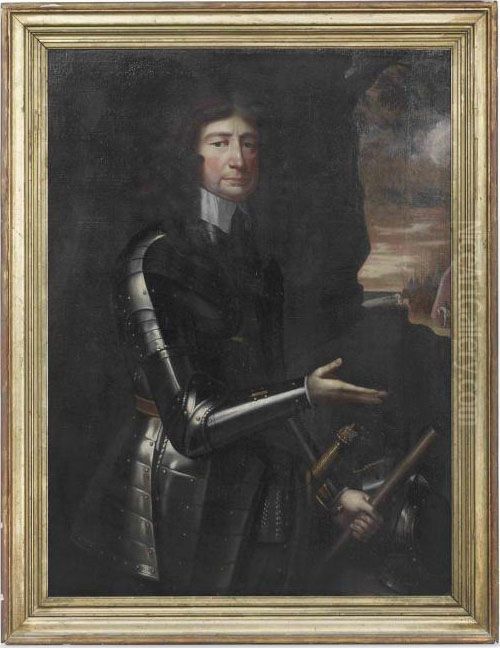 Portrait Of A Gentleman, 
Half-length, In Armour, A Baton In Hisleft Hand, A Battle Beyond Oil Painting by Sir Anthony Van Dyck