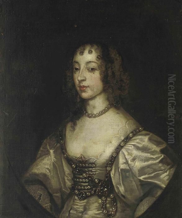 Portrait Of Queen Henrietta 
Maria (1609- 1669),three-quarter-length, In A Green Dress, Wearing A 
Pearl Necklace,feigned Oval Oil Painting by Sir Anthony Van Dyck