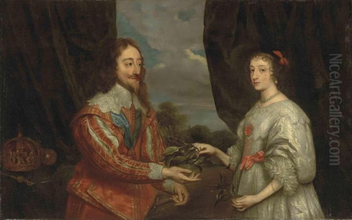 Double Portrait Of King Charles I
 And Queen Henrietta Maria,three-quarter-length, With A Laurel Leaf, 
Before A Draped Curtain,a Wooded Landscape Beyond Oil Painting by Sir Anthony Van Dyck