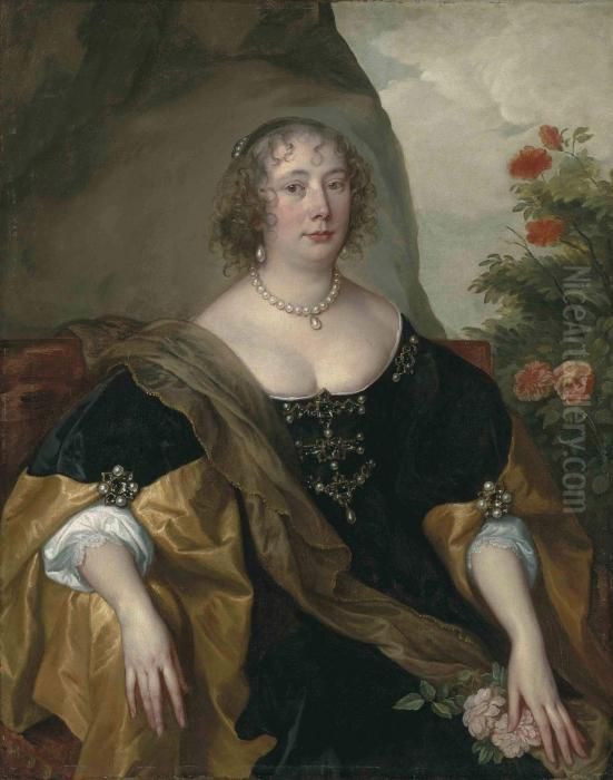 Portrait Of Beatrice, Countess 
Of Oxford, Half-length, Seated, In Ablack Velvet Dress Lined With Gold 
Silk, A Brown Mantle And Jewels,in A Landscape By A Rose Bush Oil Painting by Sir Anthony Van Dyck