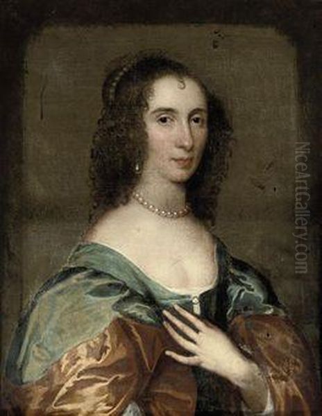 Portrait Of A Lady Traditionally
 Identified As Mrs Bridget Reade,bust-length, In A Blue Dress With A 
Rust Coloured Mantle, Withpearl Ornaments Oil Painting by Sir Anthony Van Dyck