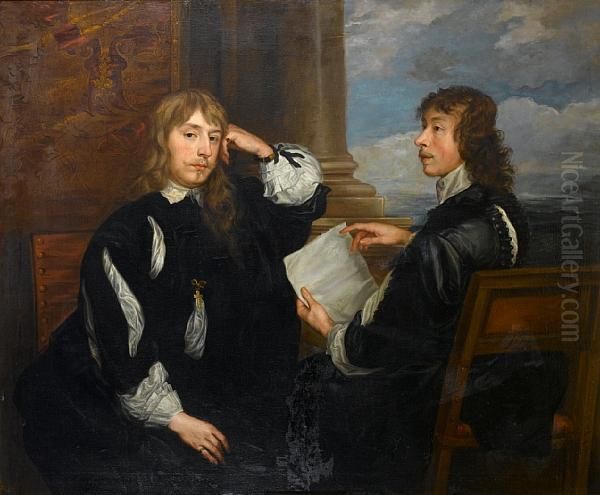 Portrait Of Thomas Killigrew And
 A Gentleman,possibly William, Lord Crofts, Seated Before A Gold Curtain
 And Acolumn Oil Painting by Sir Anthony Van Dyck