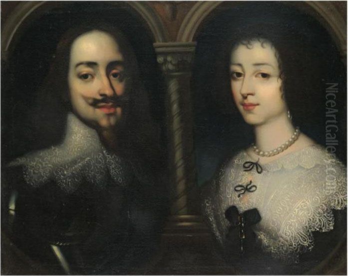 Portraits Of King Charles I And 
Queen Henrietta Maria, Bust Length, Set Within Feigned Ovals Oil Painting by Sir Anthony Van Dyck