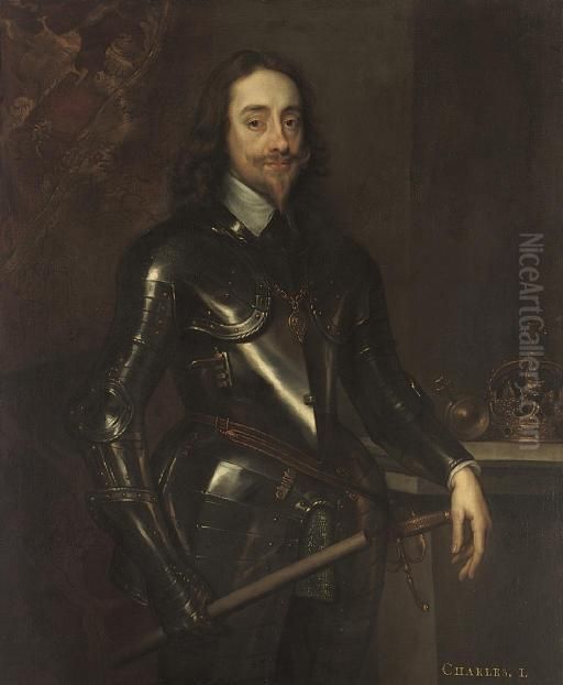 Portrait Of King Charles I, 
Three-quarter-length, In Armour, A Baton In His Right Hand, An Orb And 
Crown On A Plinth To His Left Oil Painting by Sir Anthony Van Dyck