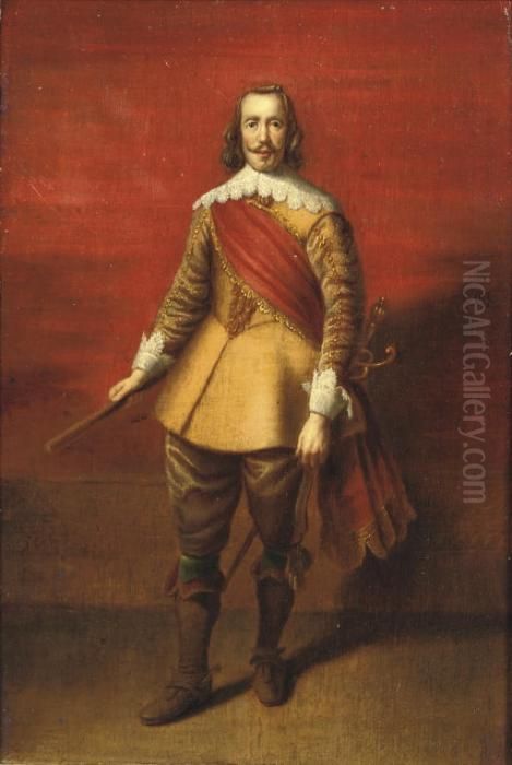 Portrait Of A Nobleman, 
Full-length, In A Gold Embroidered Yellow Costume With Lace Cuffs And 
Collar And A Red Sash Oil Painting by Sir Anthony Van Dyck