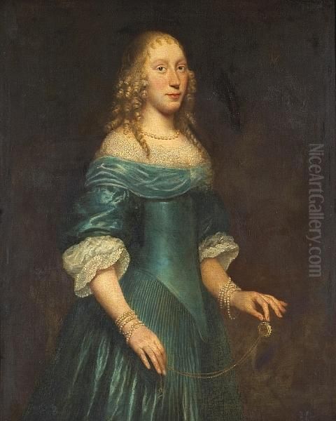 A Portrait Of A Lady, 
Three-quarter Length, Standing, Wearing A Blue Gown And Holding A Watch Oil Painting by Sir Anthony Van Dyck