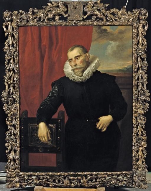 Portrait Of A Gentleman, 
Three-quarter Length, In A Black Costume With A White Collar, Leaning On
 A Chair Before A Red Curtain Oil Painting by Sir Anthony Van Dyck