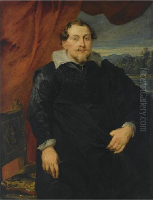 A Portrait Of A Gentleman, Said 
To Be N. Gansacher, Standing Three-quarter Length, Next To A Chair, 
Wearing A Black Coat With A White Collar, A Landscape Beyond Oil Painting by Sir Anthony Van Dyck