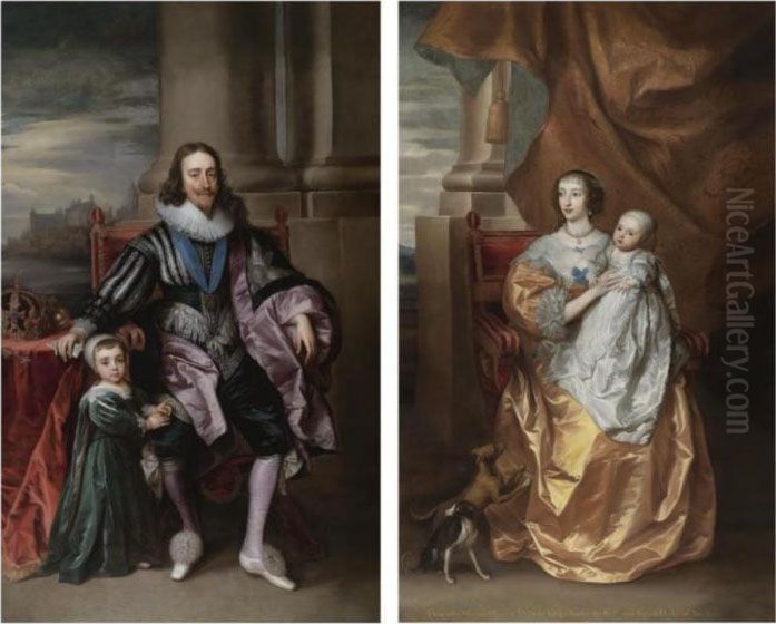 Portrait Of King Charles I, With
 Charles, Prince Of Wales; Portrait Of Queen Henrietta Maria With Mary, 
Princess Royal, And Her Greyhounds Oil Painting by Sir Anthony Van Dyck