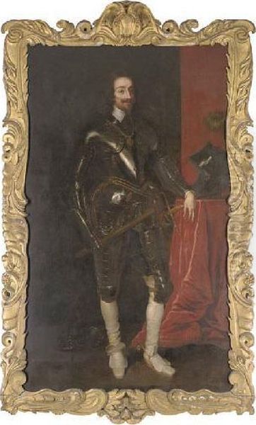 Portrait Of King Charles I 
(1600-1649), Full-length, In Armour, His Right Arm Holding A Baton, His 
Left Arm Resting On A Plinth, In An Interior Oil Painting by Sir Anthony Van Dyck