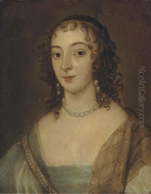 Portrait Of A Lady, Small Quarter-length, In A Blue Dress And Pearlnecklace Oil Painting by Sir Anthony Van Dyck