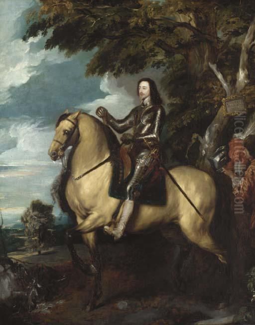 Equestrian Portrait Of King 
Charles Ii, In Armour, With An Attendant Holding His Feathered Helmet, 
In A Landscape Oil Painting by Sir Anthony Van Dyck