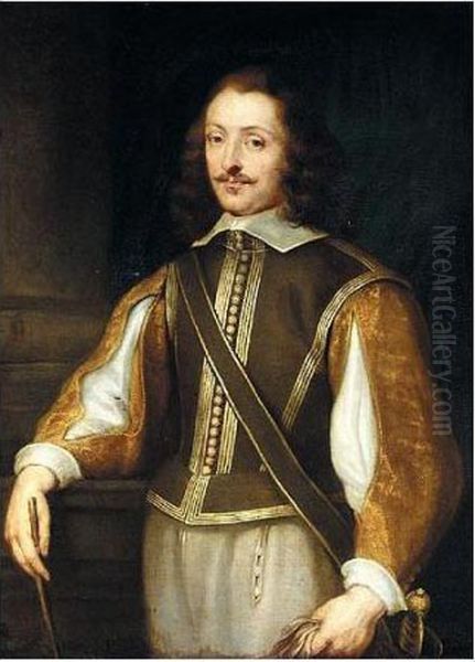 Portrait Of A Gentleman, 
Three-quarter Length, Wearing A Brown Jerkin With Slashed Embroidered 
Gold Sleeves, Holding A Pair Of Gloves Oil Painting by Sir Anthony Van Dyck