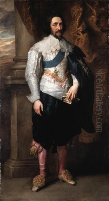 Portrait Of Charles, Marquis De 
Vieuville, Full-length, In A Silverslashed Doublet With A Lace-edged 
Collar And Cuffs, Black Silkcloak And Breeches, And Pink Hose, Wearing 
The Order Of The Saintesprit, Beside A Draped Curtain On A Terrace, A 
Lands Oil Painting by Sir Anthony Van Dyck