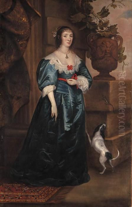 Portrait Of Mary, Lady Gerard, 
Of Bromley, Full-length, In A Bluedress, A Dog At Her Side, Beside A 
Classical Urn On A Plinth Onwhich Rests A Lizard Oil Painting by Sir Anthony Van Dyck