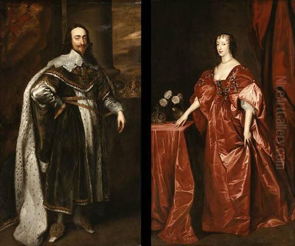 Dyck, A.
Portrait Of Charles I; And Portrait Of Queen Henrietta Maria,standing Full Length In Interiors Oil Painting by Sir Anthony Van Dyck