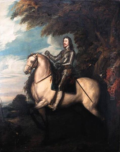 Portrait Of King Charles I, 
Full-length, In Armour On A Dun Horse,a Baton In His Right Hand, Wearing
 The Order Of The Garter,followed By An Equerry Carrying His Helmet Oil Painting by Sir Anthony Van Dyck